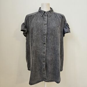 Jane & Delancey Grey Chambray Button-Up Blouse Ruffle Sleeve Size XL